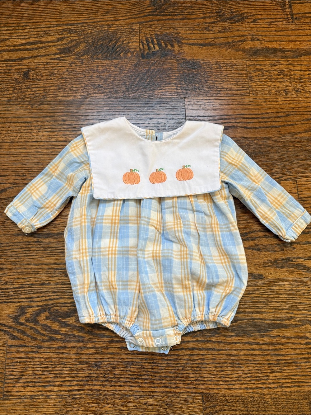 Plaid Blue & Orange Pumpkin-Embroidered Baby One-Piece